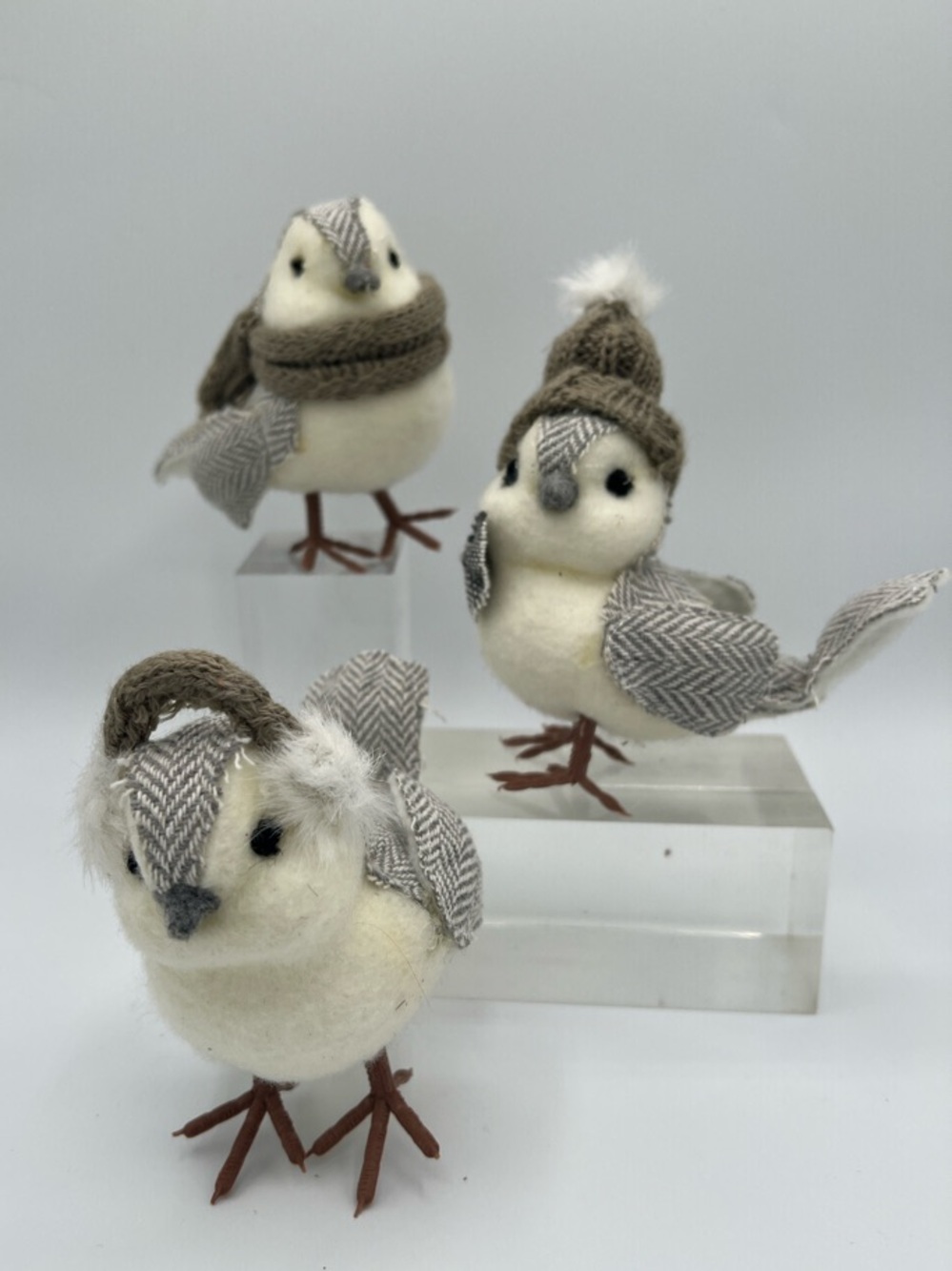Set of 3 Handmade Winter Snow Bird Figurines in Felt